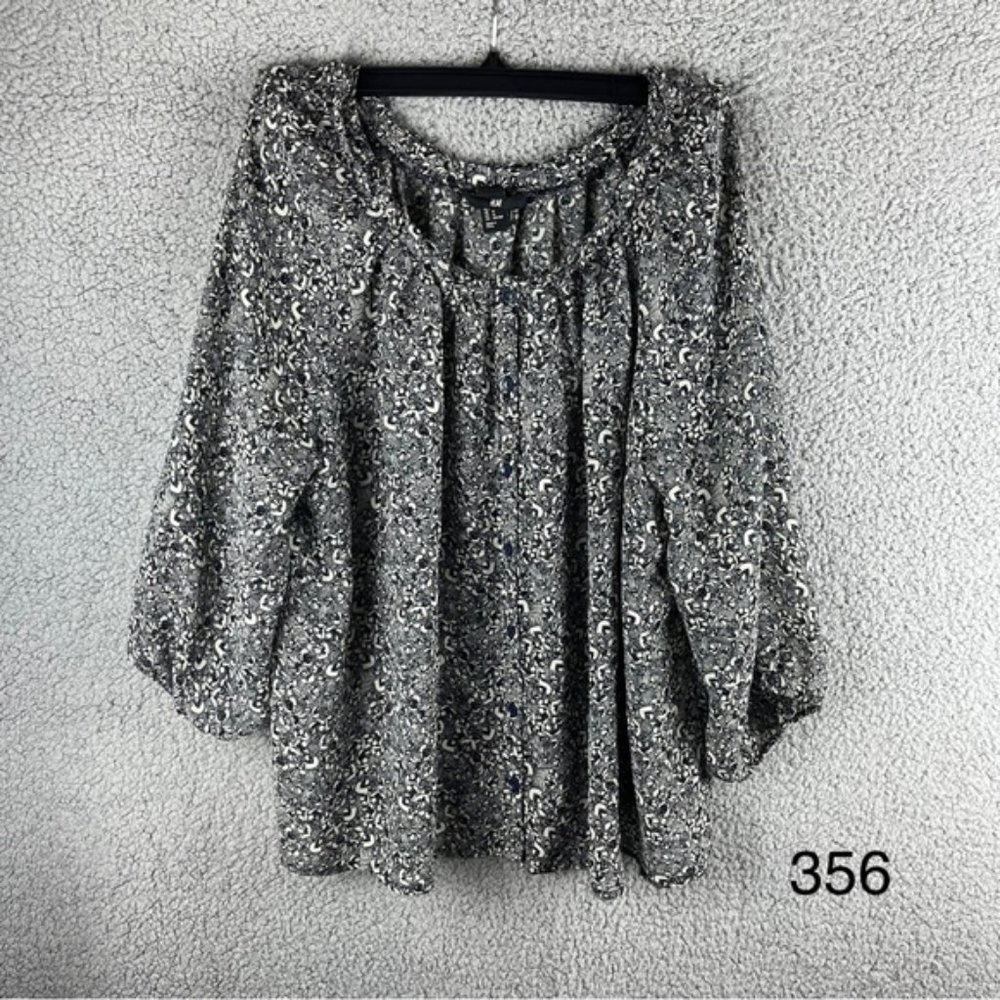 H&M Women’s Black & White Floral Long Sleeve Polyester Button-down Blouse Sz 14